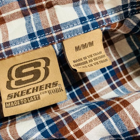 Skechers Plaid Pearl Snap Western Shirt Sz M Work Flap Pockets Short Sleeve Norm - Picture 8 of 12